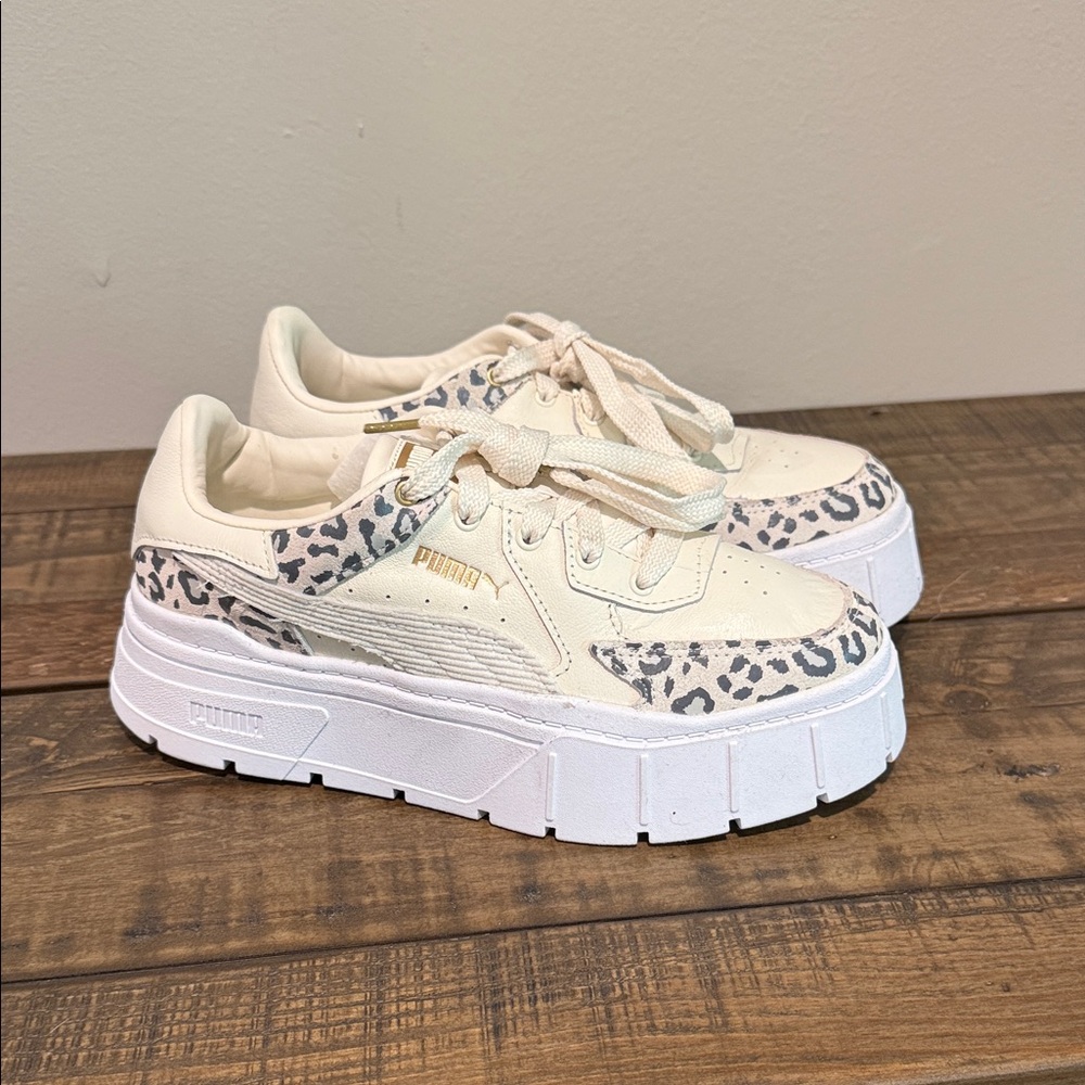 Puma Beige Leopard Print Platform Sneakers Excellent Condition